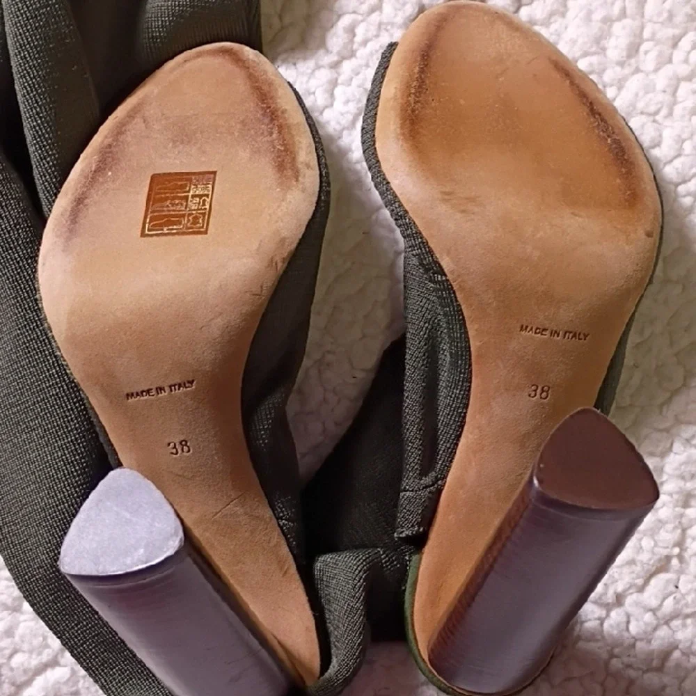 SEASON 2 Olive Green Suede Peep Toe Thigh‎ High Boots Block Heel Size 38 EU